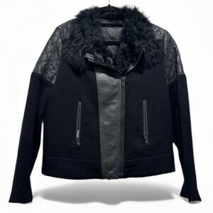 Theory Black Leather, Wool & Lamb Shearling Fur Moto Jacket Size Large Like NEW